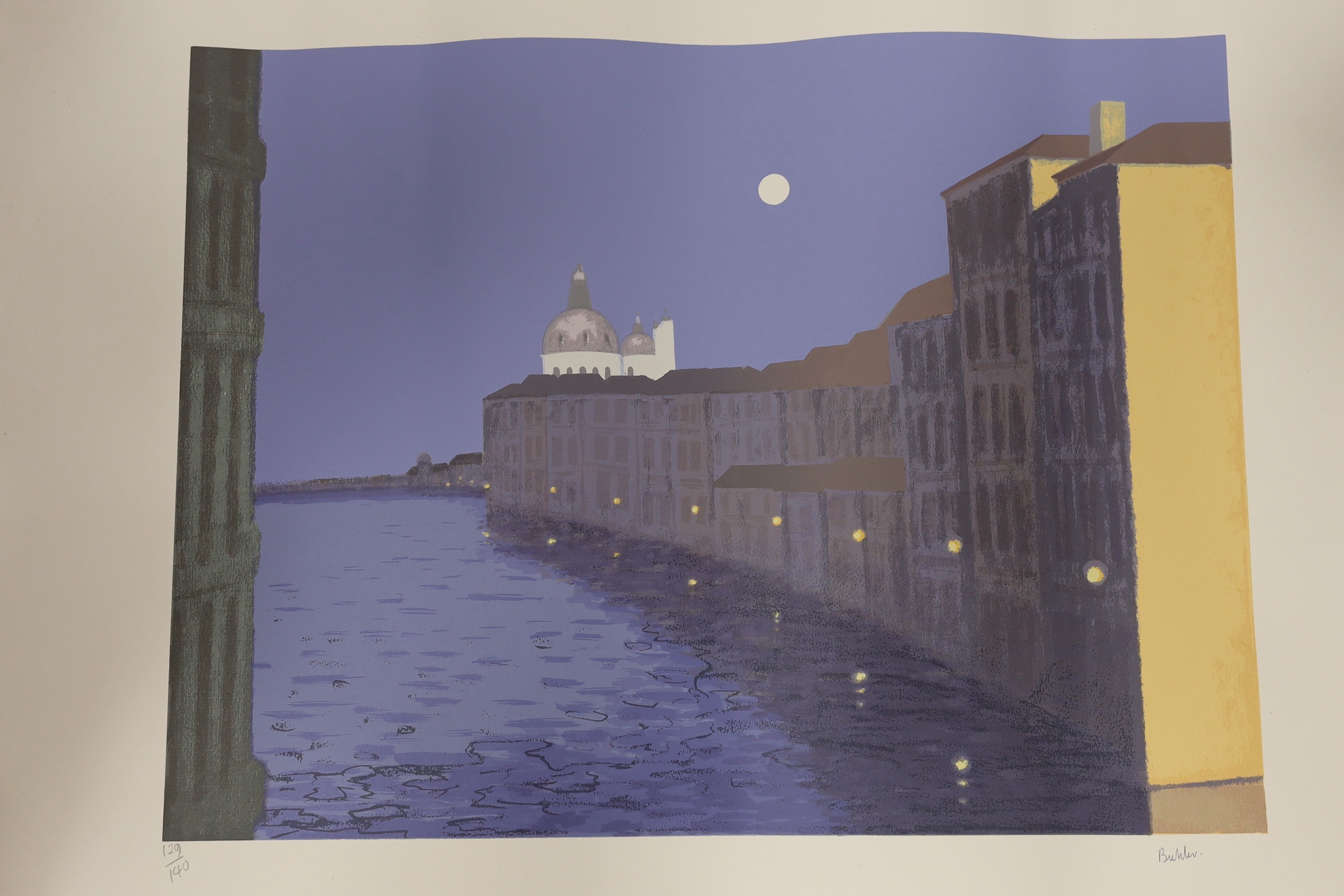 Norman Hepple and Robert Buhler, four limited edition prints, three by Hepple, Seaside scenes and one by Buhler, Venetian scene, largest overall 75 x 100cm, unframed